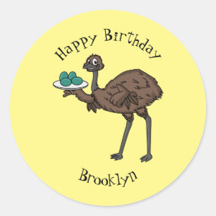 Emu with eggs cartoon illustration classic round sticker