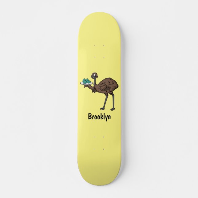 Emu with eggs cartoon illustration skateboard (Front)