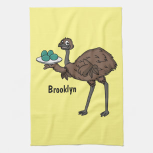 Emu with eggs cartoon illustration  tea towel
