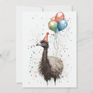 Emu with Party Hat and Balloons Flat Greeting Card
