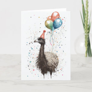 Emu with Party Hat and Balloons Fold Greeting Card