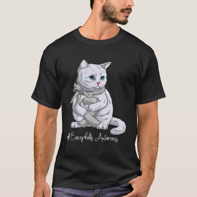 Encephalitis Awareness Month Silver Ribbon Cat T-Shirt (Front)