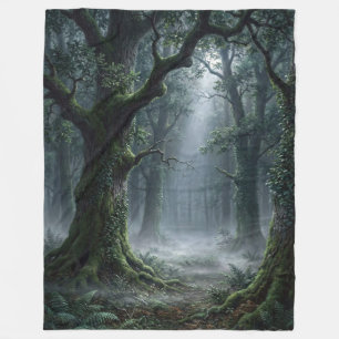 Enchanted Ancient Forest Misty Woodland Sunlight Fleece Blanket