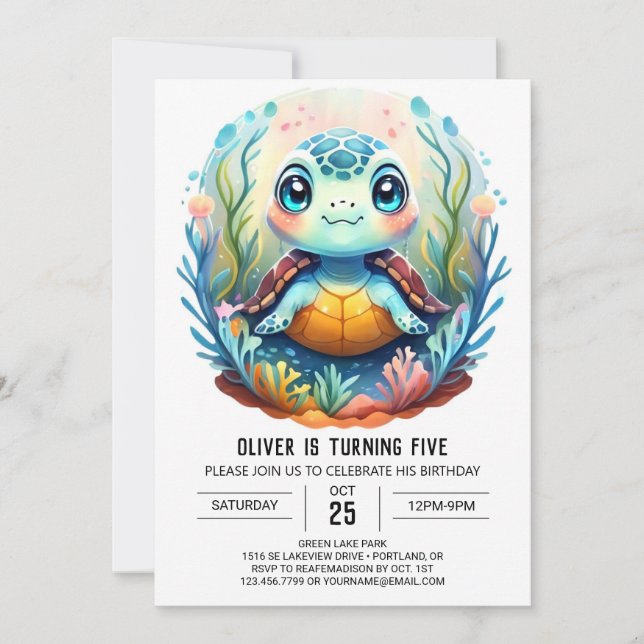 Enchanted Aquatic Whimsy Turtle Boy Birthday Invitation (Front)
