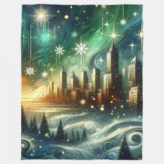 “Enchanted Aurora Winter Cityscape” Fleece Blanket