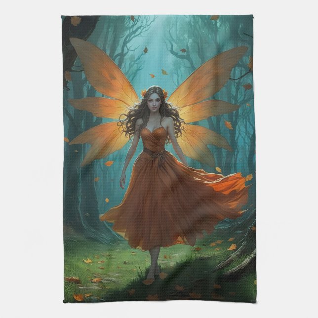 Enchanted Autumn Fairy Thanksgiving Fantasy Art Tea Towel (Vertical)