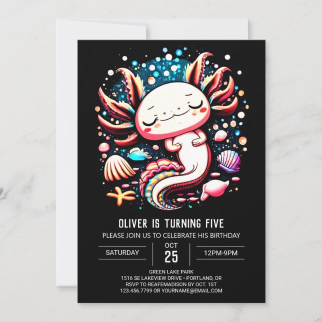 Enchanted Axolotl Elegant Birthday Celebration Invitation (Front)