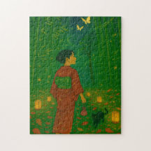 Enchanted Bamboo Path with Kimono Girl and Cat