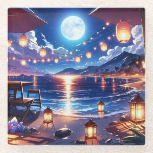 Enchanted Beach at Night Painting Glass Coaster