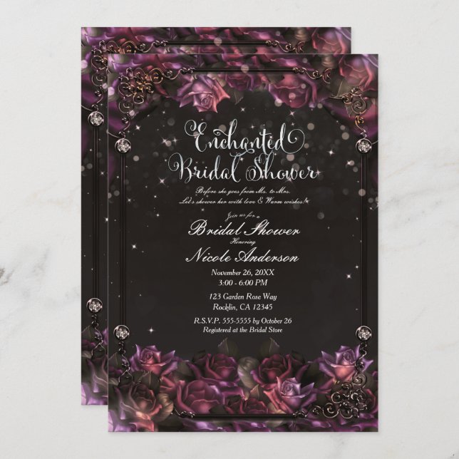 Enchanted Berry Roses Dark Floral Garden Bridal  Invitation (Front/Back)
