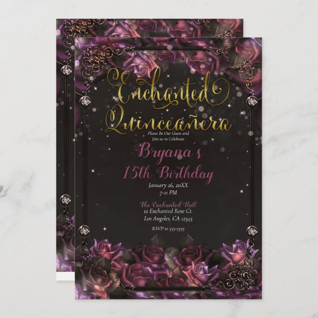 Enchanted Berry Roses Dark Floral Quinceañera  Invitation (Front/Back)