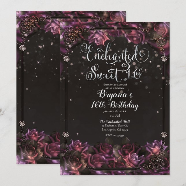 Enchanted Berry Roses Dark Floral Sweet 16 Party Invitation (Front/Back)
