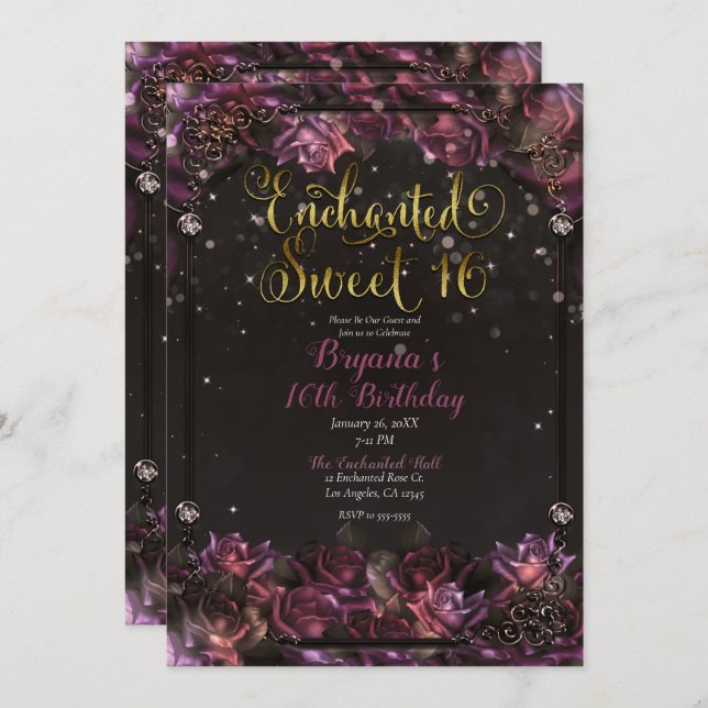 Enchanted Berry Roses Floral Gold Sweet 16 Party Invitation (Front/Back)