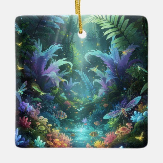 Enchanted Bioluminescent Forest Magical Jungle  Ceramic Ornament (Front)