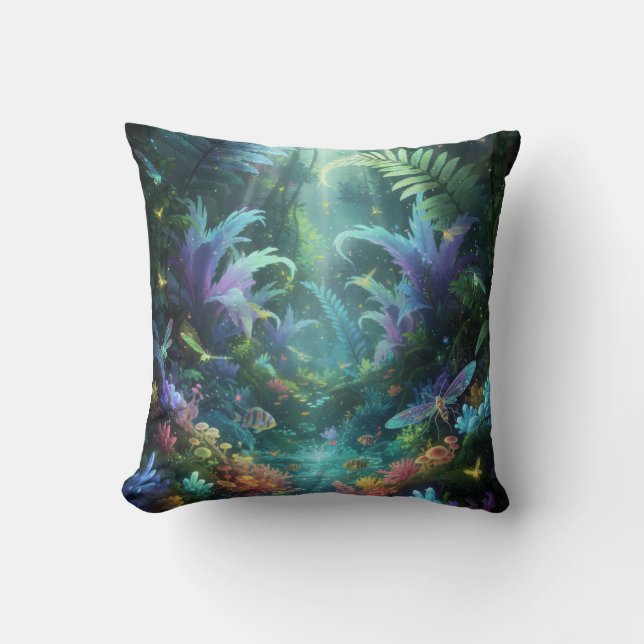 Enchanted Bioluminescent Forest Magical Jungle  Cushion (Front)