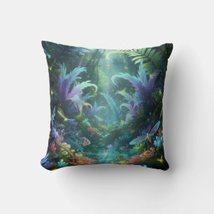 Enchanted Bioluminescent Forest Magical Jungle  Cushion