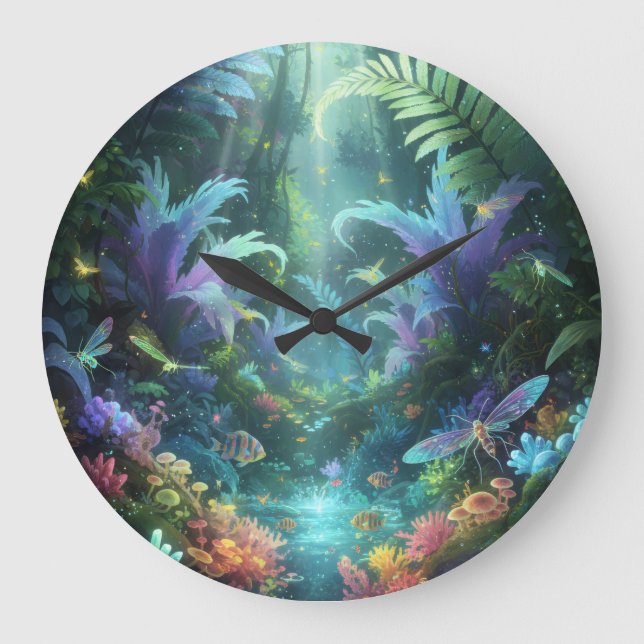 Enchanted Bioluminescent Forest Magical Jungle  Large Clock (Front)