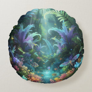 Enchanted Bioluminescent Forest Magical Jungle  Round Cushion