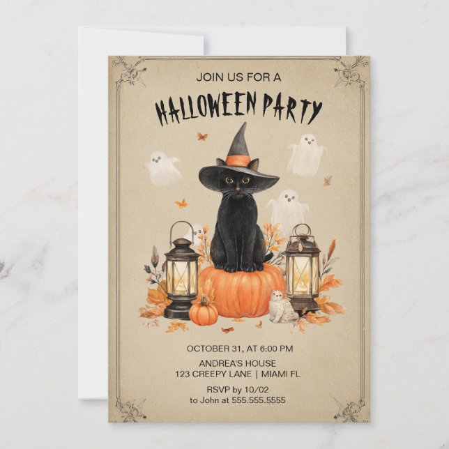 Enchanted Black Cat Halloween Party Invitation (Front)