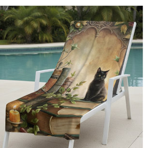 Enchanted Black Cat Library Beach Towel