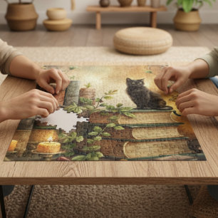 Enchanted Black Cat Library Jigsaw Puzzle