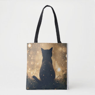 Enchanted Black Cat with Fireflies Artwork Tote Bag