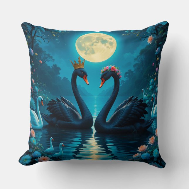 Enchanted Black Swan Under Moonlight Botanical  Cushion (Front)