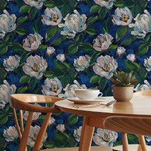 Enchanted Blooms: White Peonies on Deep Blue Wallpaper