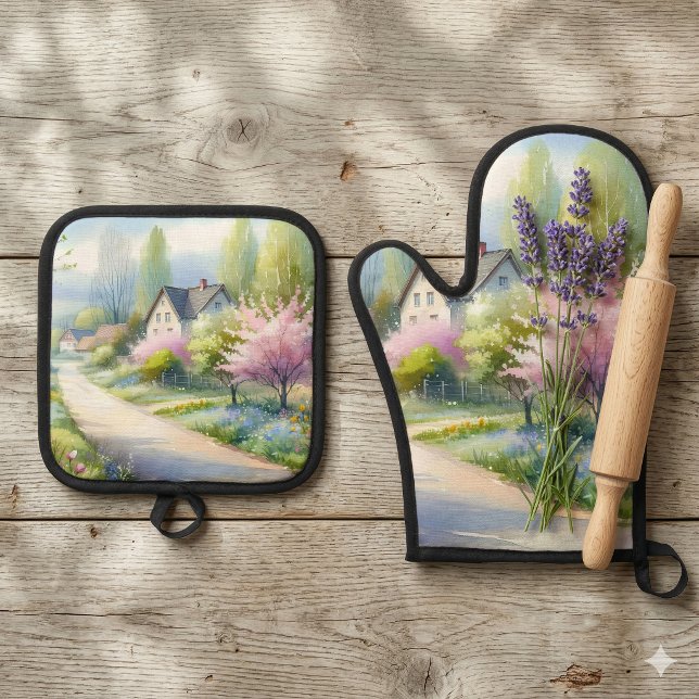 Enchanted Blossom Country Lane  Oven Mitt & Pot Holder Set (Enchanted Blossom Country Lane Oven Mitt & Pot Holder Set)
