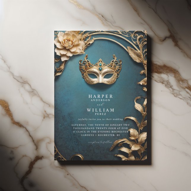 Enchanted blue and gold Masquerade Wedding Invitation (Blue masquerade wedding invitation featuring a venetian mask.)