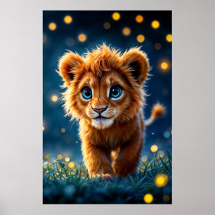 Enchanted blue-eyed lion cub in firefly glow poster