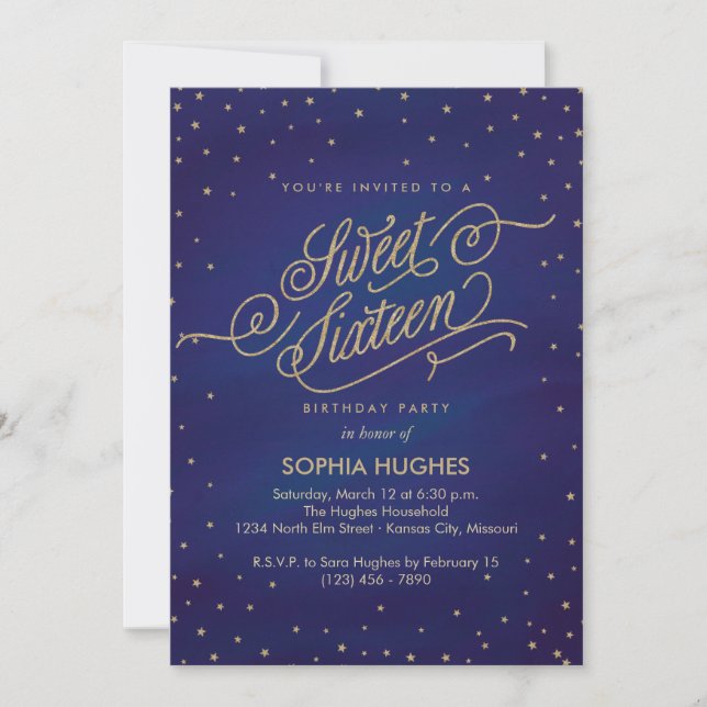 Enchanted Blue & Gold Stars Sweet Sixteen Party Invitation (Front)