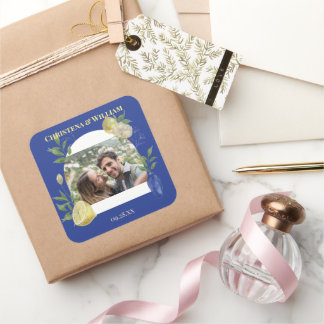 Enchanted Blue Lemon Blossom Photo Wedding Square Sticker