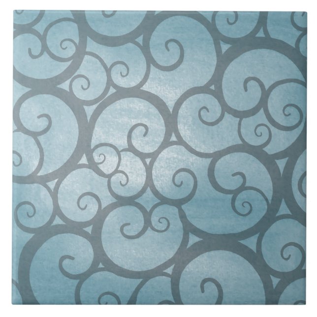 Enchanted Blue Wavy Swirl Pattern Ceramic Tile (Front)