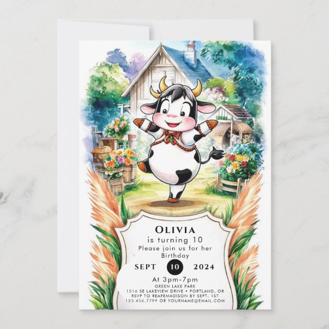 Enchanted Boho Cow Birthday Invitation (Front)