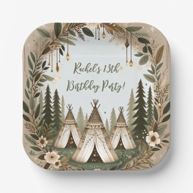 Enchanted Boho Forest Teepee Sleepover Party  Paper Plate (Front)