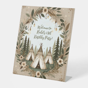Enchanted Boho Forest Teepee Sleepover Party  Pedestal Sign