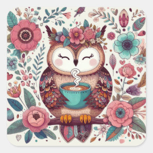 Enchanted Boho Owl: Whimsical Floral Art Square Sticker