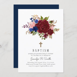 Enchanted Burgundy Blue Pink Floral BAPTISM Invitation