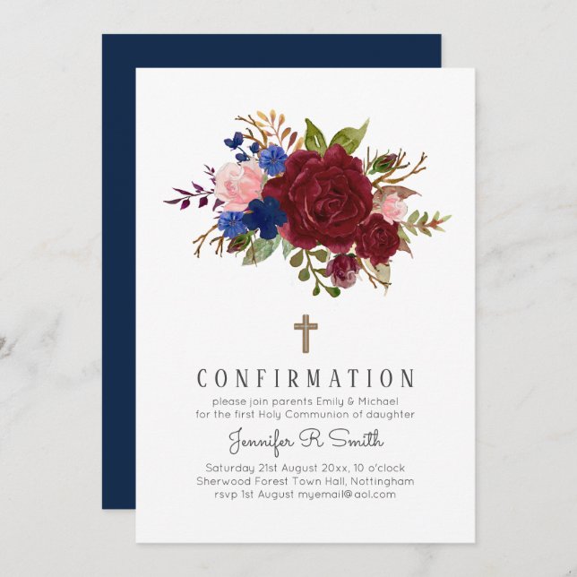 Enchanted Burgundy Blue Pink Floral CONFIRMATION Invitation (Front/Back)