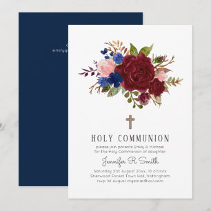 Enchanted Burgundy Blue Pink Floral HOLY COMMUNION Invitation