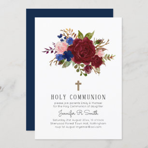 Enchanted Burgundy Blue Pink Floral HOLY COMMUNION Invitation