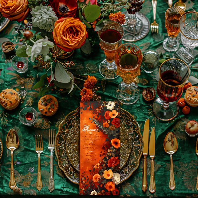 Enchanted Burnt Orange Autumn Minimal Dinner Menu  (Enchanting Druid Hill Intimate Dinner Wedding Menu )