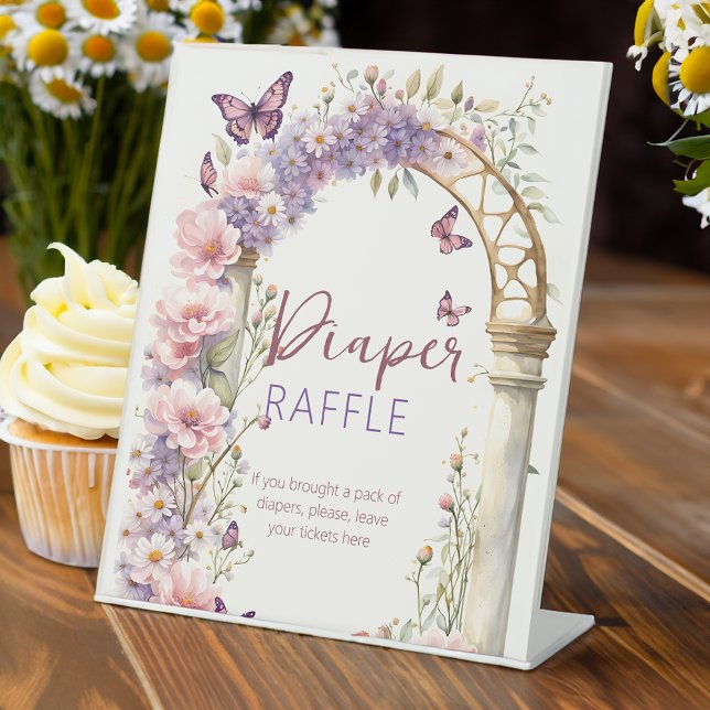 Enchanted butterflies baby shower diaper raffle pedestal sign (Enchanted garden butterflies baby shower diaper raffle table pedestal sign pastel purple pink sign)