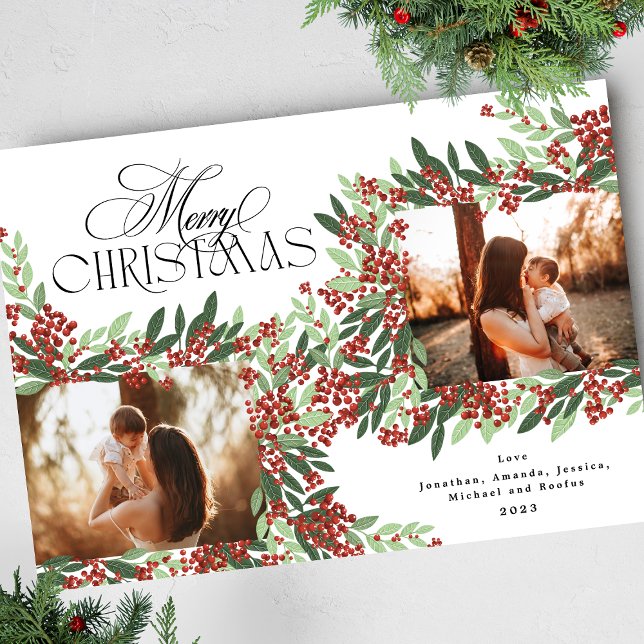 Enchanted Calligraphy Elegance Christmas Two Photo Holiday Card (Creator Uploaded)