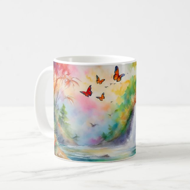 Enchanted Cascade – Tranquil Waterfall Escape Coffee Mug (Front Left)