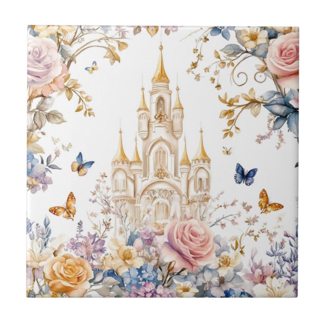 Enchanted Castle in Bloom Pastel Floral Fairytale Ceramic Tile (Front)