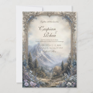Enchanted Castle Mountain Floral Baroque Wedding Invitation