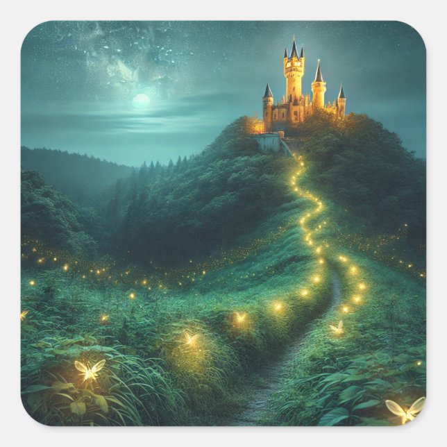 Enchanted Castle Path Illuminated by Fireflies Square Sticker (Front)