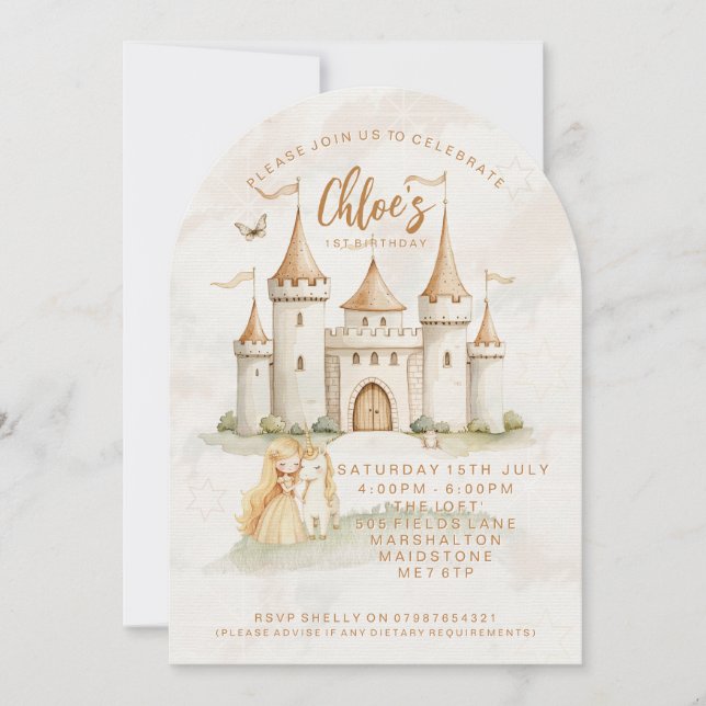 🏰✨ Enchanted Castle Princess 1st Birthday Invites (Front)